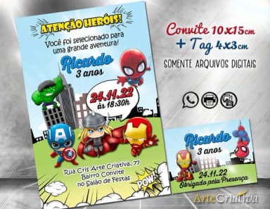 Convite Digital C/tag Super Heróis Vingadores Baby
