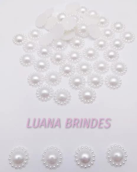 Meia Pérola Branca Decorada - 14mm - pct c/ 50 unid