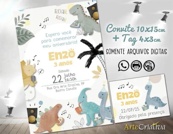 Convite Digital C/tag Dinossauros Musicais Aquarela