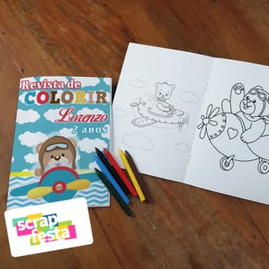 Revista Colorir + Giz de Cera Festa Urso Aviador