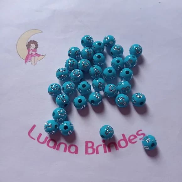Bolinha Azul com Cruz Prata 8mm Pct 100 Unidades