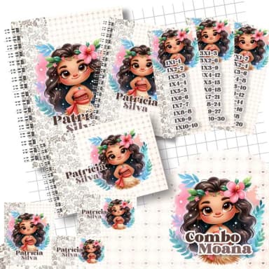 Caderno + Etiquetas + Tag Personalizada + Lápis ( Moana )