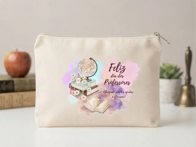 Lembrancinha Nécessaire Personalizada Algodão Cru 20x15 Estampa DTF Dia dos Professores Globo