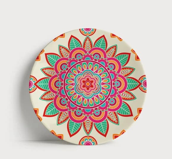 Prato Decorativo Mandala Floral Colorida 21cm Porcelana