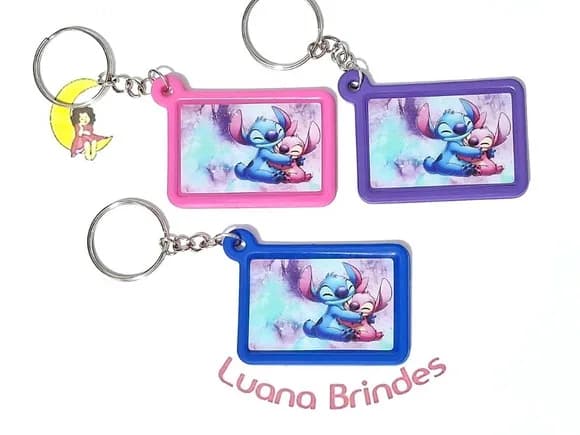 Chaveiro Stitch e Angel Emborrachado com Resina 6 Unidades