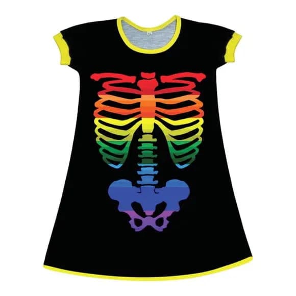 Vestido Infantil Fantasia Esqueleto Colorido Arco-Íris Neon