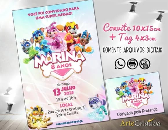 Convite Digital C/tag Patrulha Canina Skye Menina