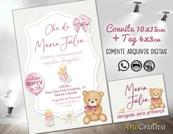 Convite Digital C/tag Chá de Bebê Menina Ursinha