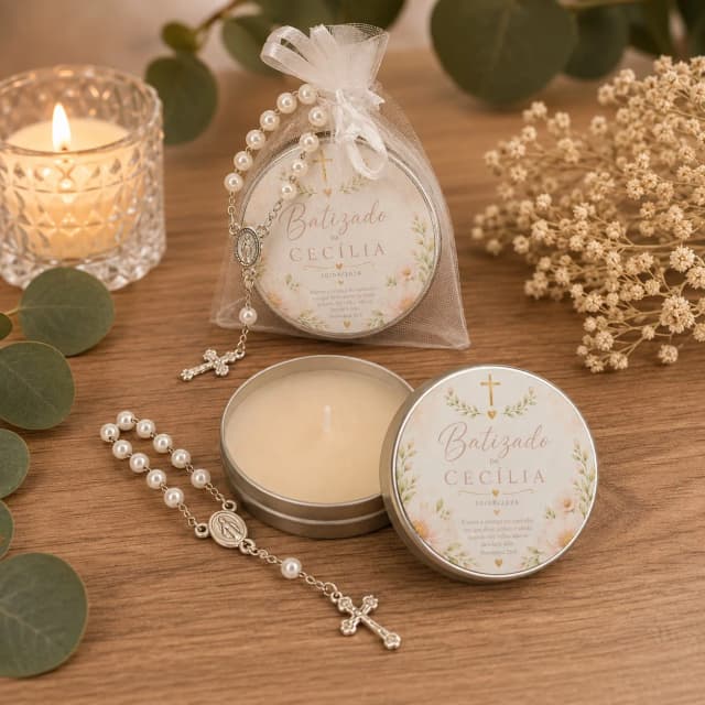 30 Unidades de Lembrancinha Batizado Vela Aromática na Latinha com Terço e Saco do Organza - Trabalhamos com qualquer tema - Informar o tema no chat