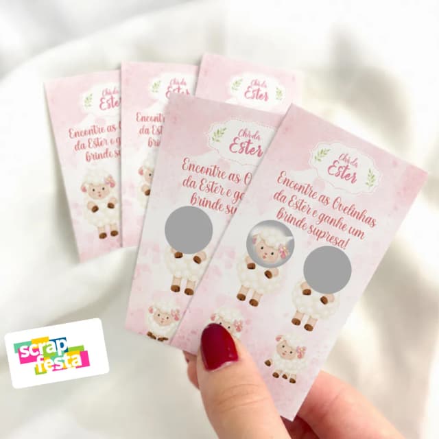 Cartão Raspadinha Brincadeira Festa Chá de Bebê Menina Ovelhinha Cute Aquarela