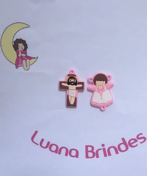Pingente Anjo e Crucifixo Infantil Rosa Claro Pct C/3kits
