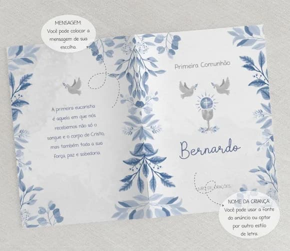 Lembrança Primeira Comunhão Menino - Orações - Azul Aquarela