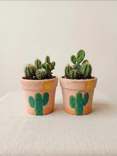 Dupla Mini Cachepô de Barro 7cm Cacto Sol Pintado a Mão