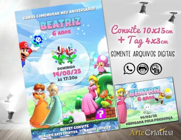 Convite Digital C/tag Super Mario Menina