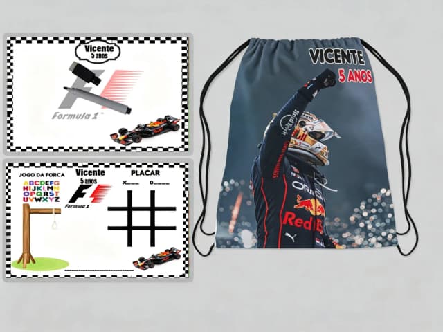 Kit Mochila e Lousa Magica para lembrancinhas Carros de corrida F1