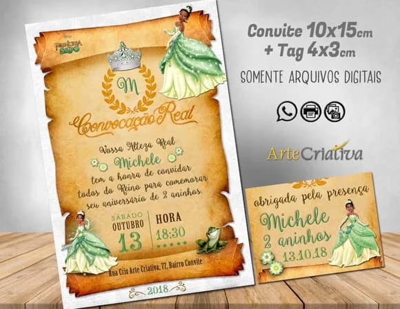 CONVITE DIGITAL C/TAG Pergaminho Princesa Tiana Disney