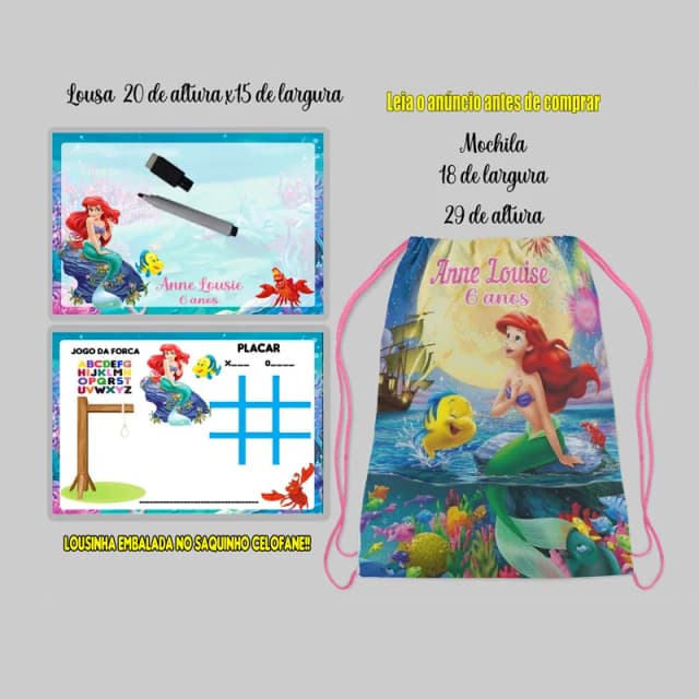 Kit Mochilinha e Lousa Magica lembrancinhas da Sereia Ariel