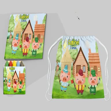 Kit Mochila e Revista de colorir para lembrancinhas dos 3 Porquinhos