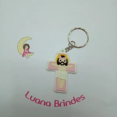 Chaveiro Crucifixo Rosa Branco Borracha 5cm Pct 3 Unidades