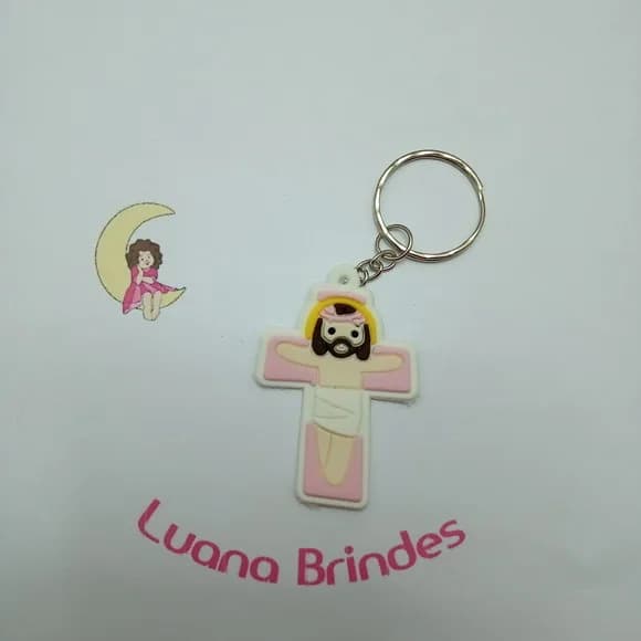 Chaveiro Crucifixo Rosa Branco Borracha 5cm Pct 3 Unidades
