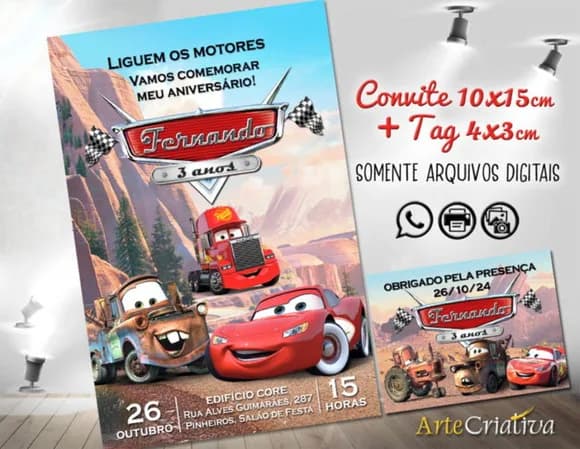 Convite Digital C/tag Carros Disney