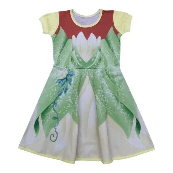 Vestido Infantil Fantasia Princesa do Pântano Verde e Amarelo com Vitória-Régia