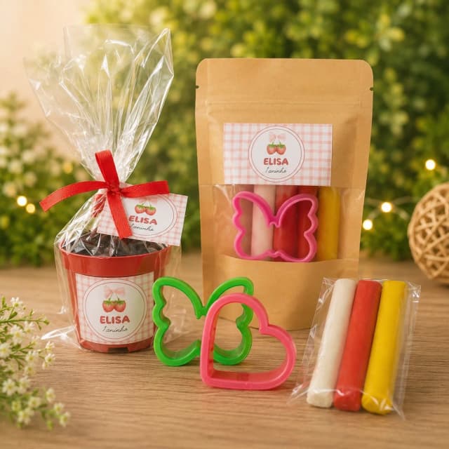 10 Uni. Kit Jardinagem + 10 Uni. Kit Massinha Zip Lock - Morango- Trabalhamos com varios temas.