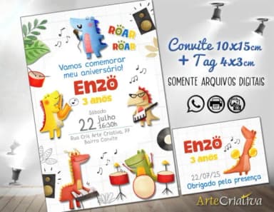 Convite Digital C/tag Dinossauros Musicais