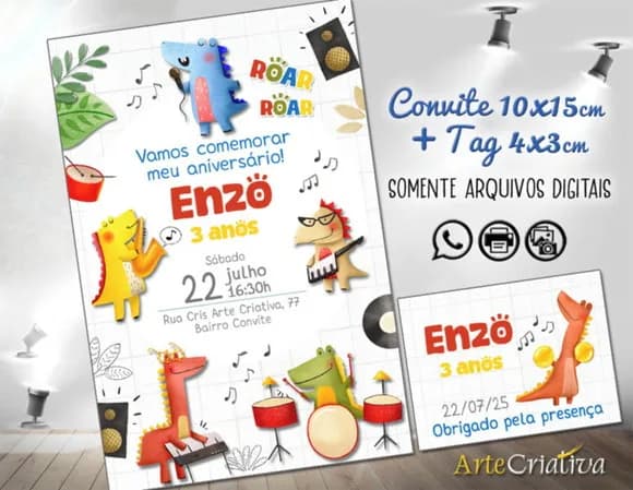 Convite Digital C/tag Dinossauros Musicais