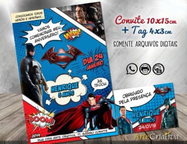 CONVITE DIGITAL C/TAG Super Homem vs Batman Gibi com Filme