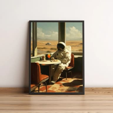 Quadro com astronauta tomando café no deserto 2596
