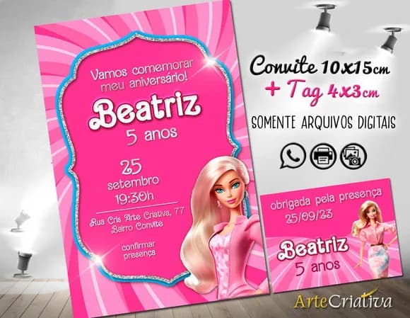 Convite Digital C/tag Boneca Barbie Rosa 7
