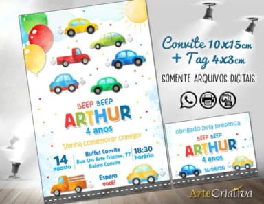 Convite Digital C/tag Carrinhos Coloridos