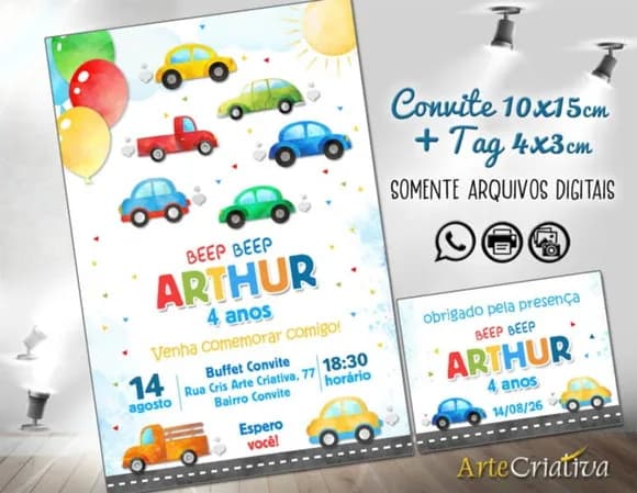 Convite Digital C/tag Carrinhos Coloridos