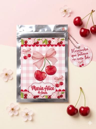 Saquinho Metalizado ziplock cerejinha lembrancinhas festa aniversario infantil Personalizado