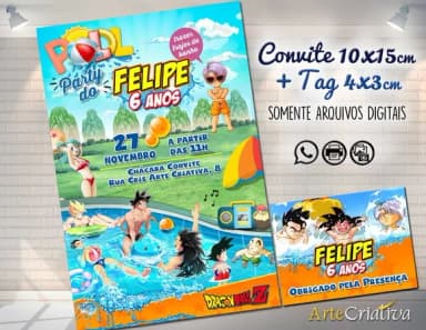Convite Digital C/tag Pool Party Dragon Ball