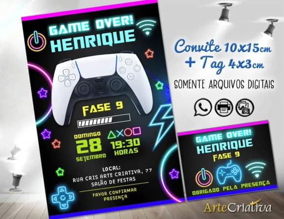 Convite Digital C/tag Video Game Neon 2
