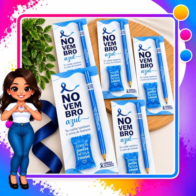 Kit Novembro Azul com Caneta Personalizada e Bala – Lembrancinha Masculina