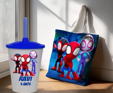 Kit Sacola Ecobag+ copo twister personalizado para lembrancinhas Spider Man e seus Amigos