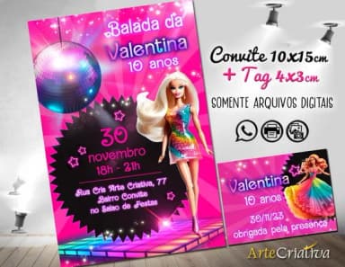 Convite Digital C/tag Boneca Barbie Rosa 9