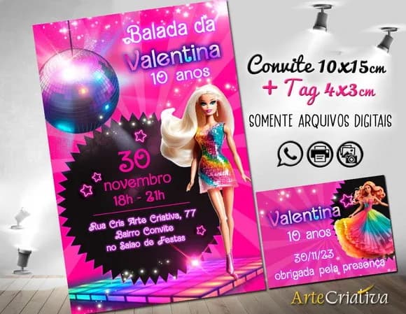 Convite Digital C/tag Boneca Barbie Rosa 9