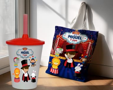 Kit Sacola Ecobag+ copo twister personalizado para lembrancinhas do Circo Safari