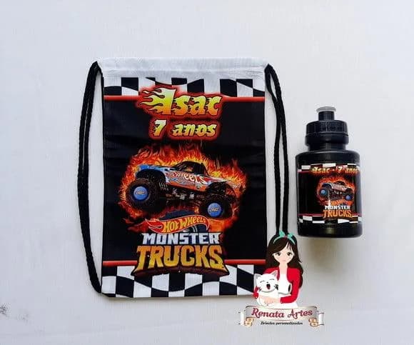 Mochila com Squeeze Personalizado Hot Wheels Monster Truck