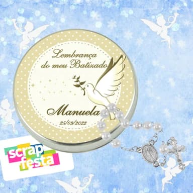 Latinhas Personalizadas Festa Batizado + Mini Terço Branco