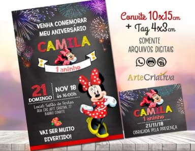 CONVITE DIGITAL C/TAG Minnie Vermelho Chalk