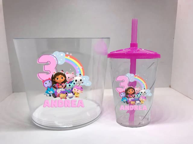 Kit Balde de Pipoca acrilico + Copo twister Personalizado Casa Mágica da Gabby