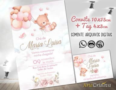 Convite Digital C/tag Chá de Bebê Menina Ursinho 12