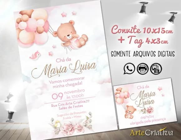 Convite Digital C/tag Chá de Bebê Menina Ursinho 12