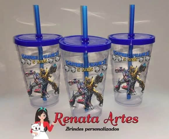 Copo com Canudo 500ml Transformers