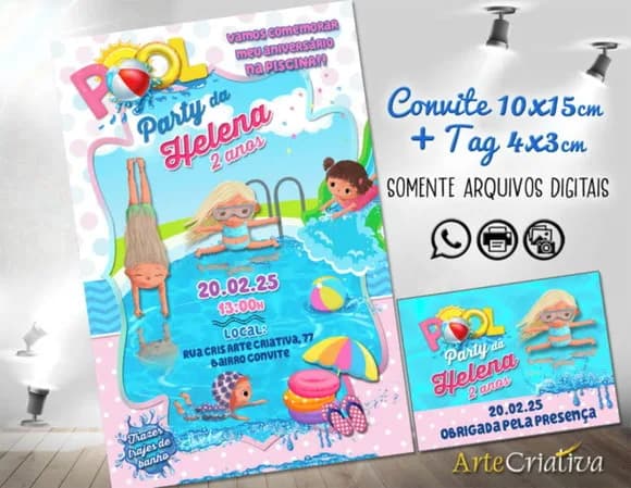 Convite Digital C/tag Pool Party Menina 6